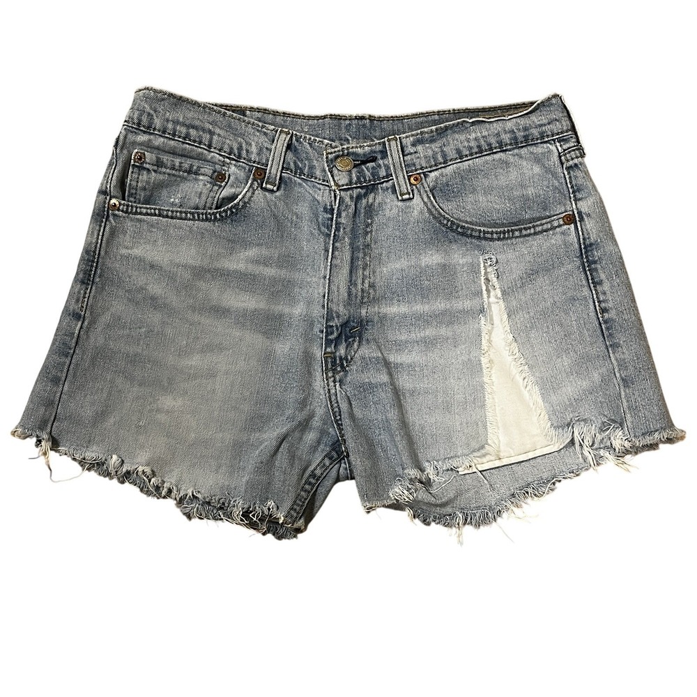 Levis 505 Distressed Denim Shorts W32 Light Wash Blue Cut Offs Western Grunge